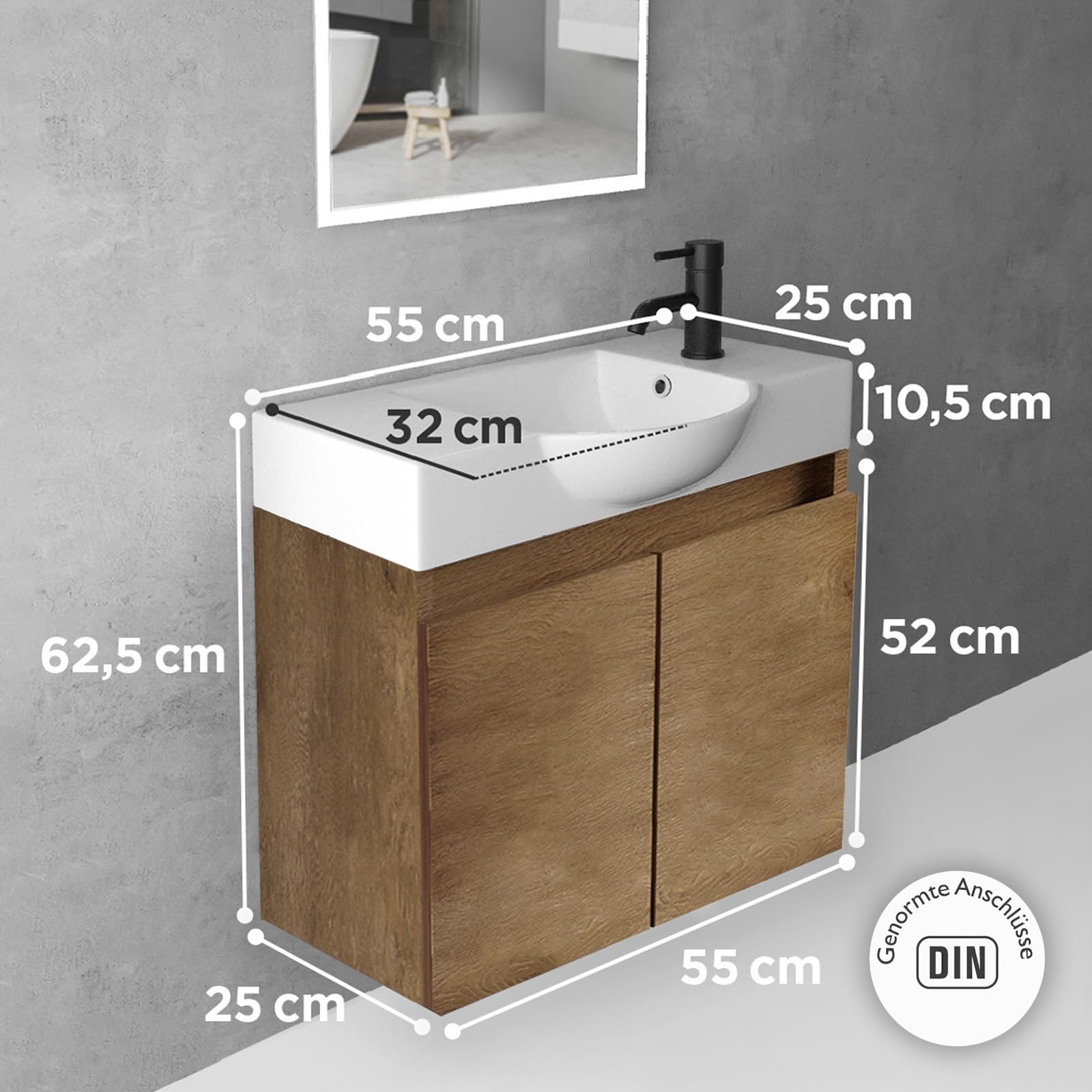Alpenberger Waschtisch mit Unterschrank 55 cm Breit | Waschbecken mit Unterschrank Bad Möbel Modern Set | Kleines Waschbecken Gäste WC Möbel | Waschbeckenunterschrank Badezimmermöbel (Eiche)