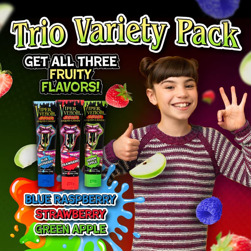 Miniatura 3 de Viper Venom - 12 tubos de caramelo líquido para apretar empaquetados individualmente incluye 3 sabores frambuesa azul fresa y manzana verde