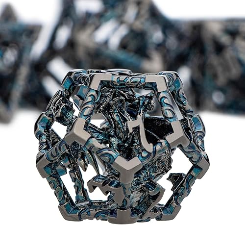 Miniatura 2 de ARUOHHA Juego de dados huecos para DND, dados D y D de metal negro y azul con caja de regalo, juegos de rol de Calabozos y Dragones, 7 piezas de