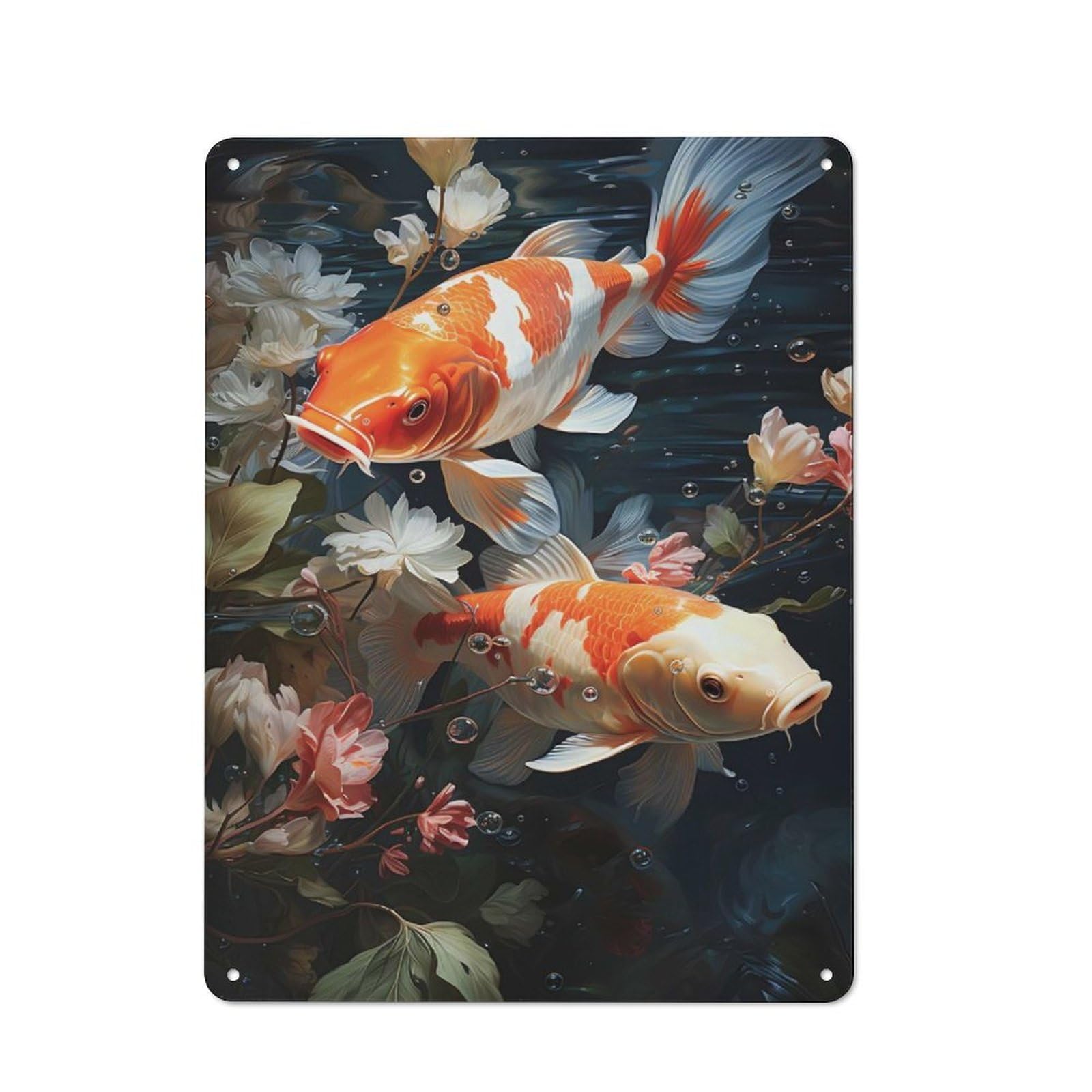 Junmoney Style-22 Koi Fish And Flowers Warehouse Style Metal Wall Decor 40X30cm, Tin Wall Sign For Modern Home, Workshop, Office Or Cafe