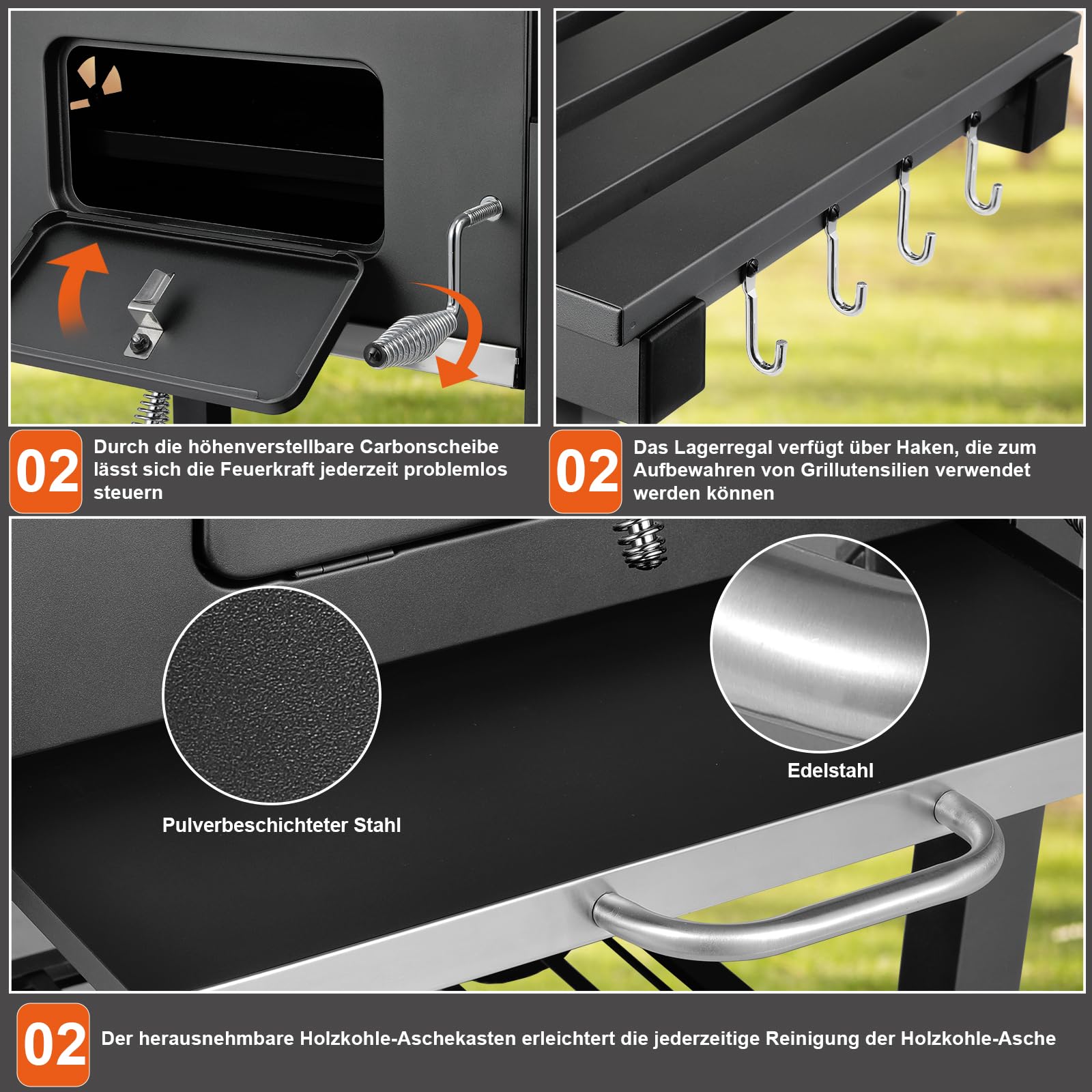 TLSUNNY Barbecue Carbonella con Coperchio, XL Barbecue a Carbone con Termometro, Ripiani Pieghevoli, Ruote, BBQ Carbonella in Giardino e all'aperto, Grande Capacità, Nero