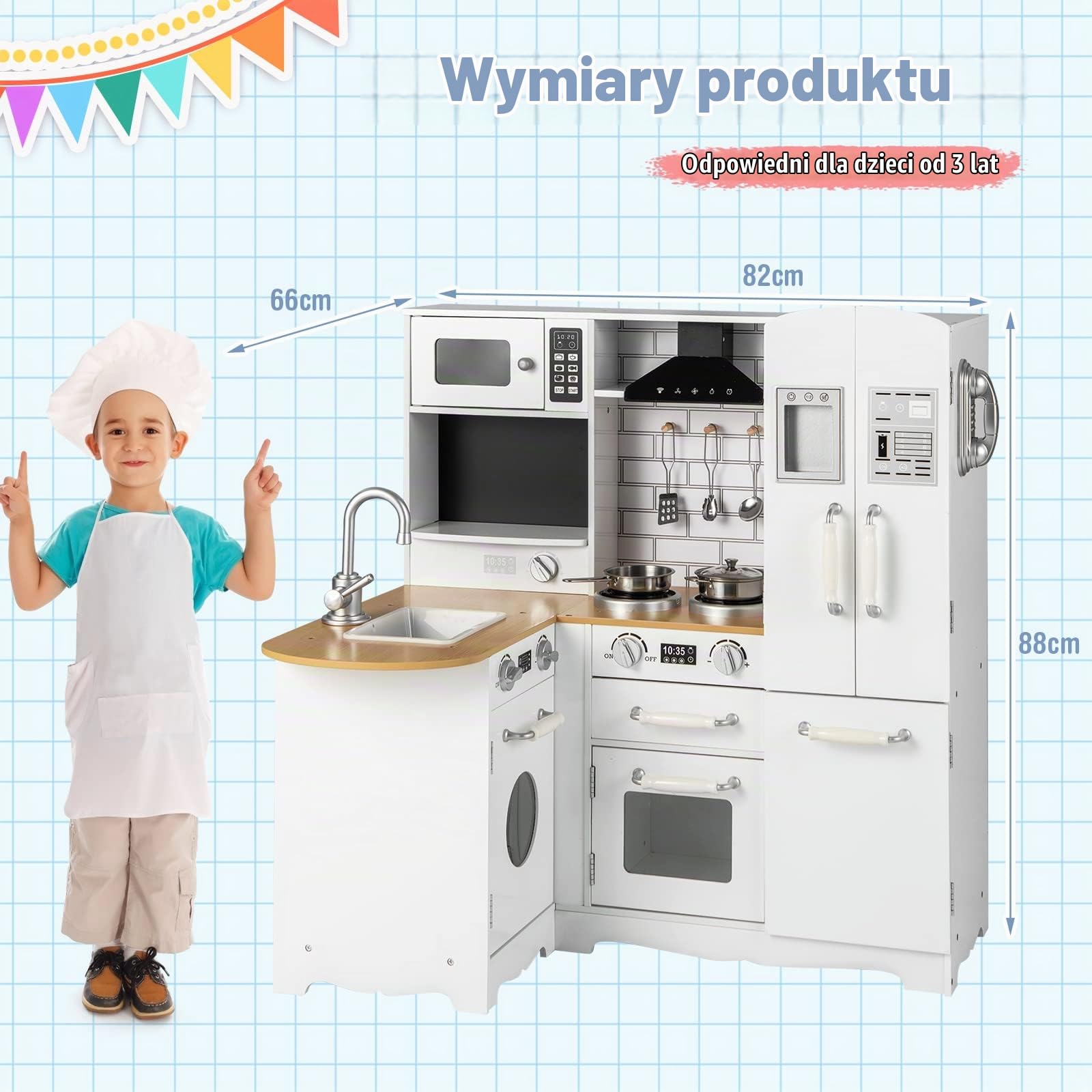COSTWAY Kuchnia dziecięca z akcesoriami, narożna kuchnia do zabawy, drewno, w zestawie lodówka, kran, zlewozmywak, kuchenka, telefon, kuchnia narożna, kuchnia zabawkowa dla dzieci od 3 lat