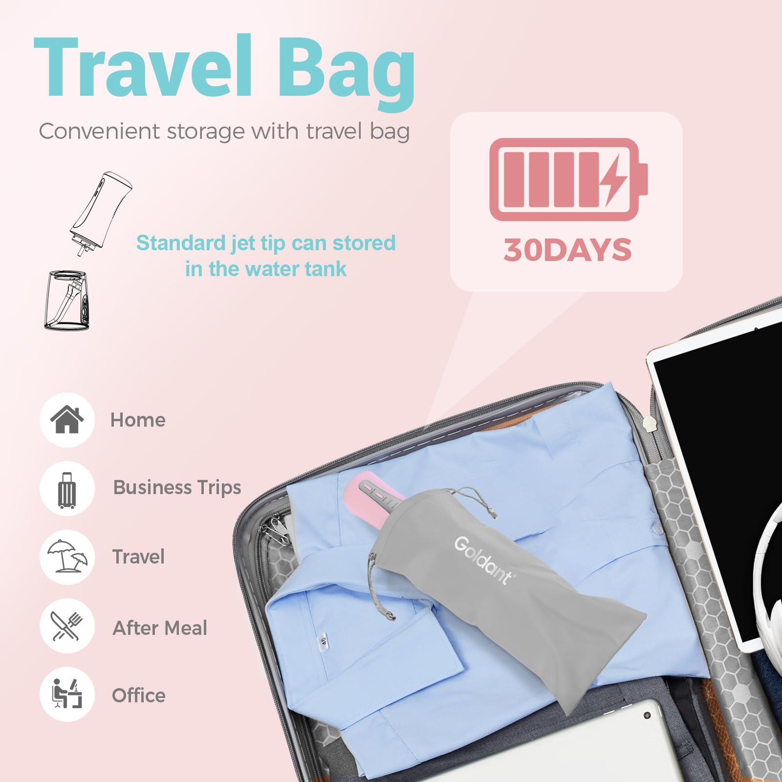 Idropulsore dentale per denti da 350 ml, con borsa da viaggio, 5 modalità di irrigatore orale portatile senza fili, ricaricabile, IPX7, impermeabile, per casa e viaggi (rosa)