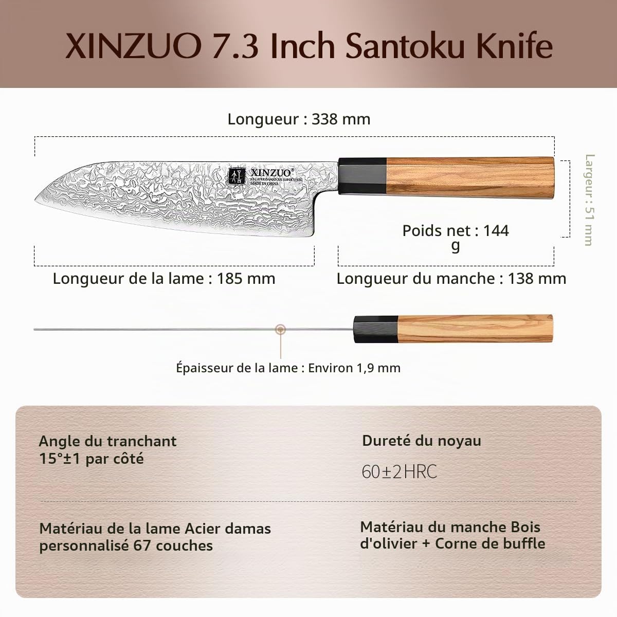 XINZUO 18,5cm Couteau Santoku, 67 Couches en Acier Damas Couteau de Cuisine Multifonctions Couteau de Chef Professionnel Couteau Damas -Poignée Octogonal en Bois d'Olivier Fabriqué à la Main, XZ-PM8