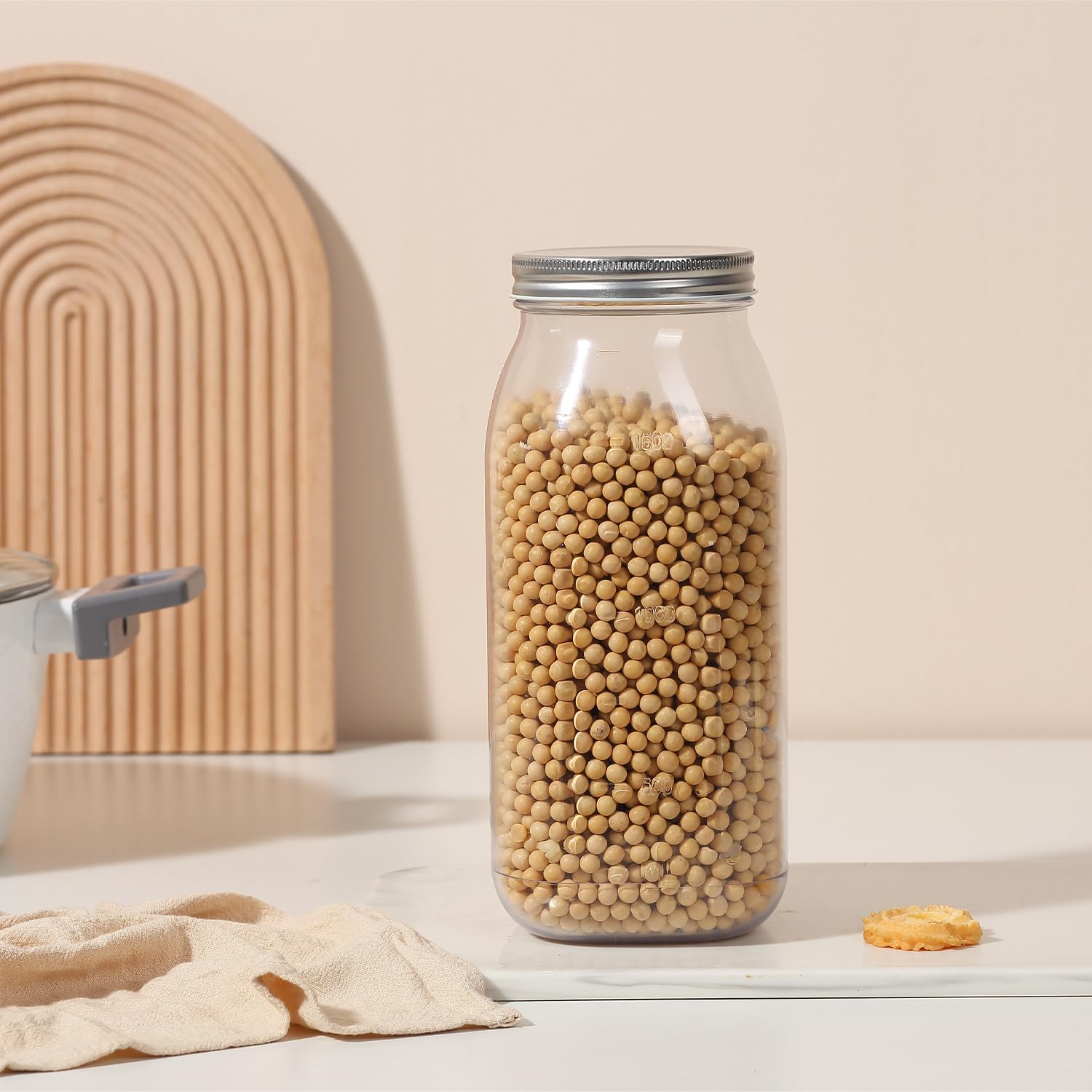 Confezione da 4 barattoli in plastica argentata da 1,8 l, apertura larga con coperchio, barattoli grandi da 1,8 litri, barattoli per alimenti