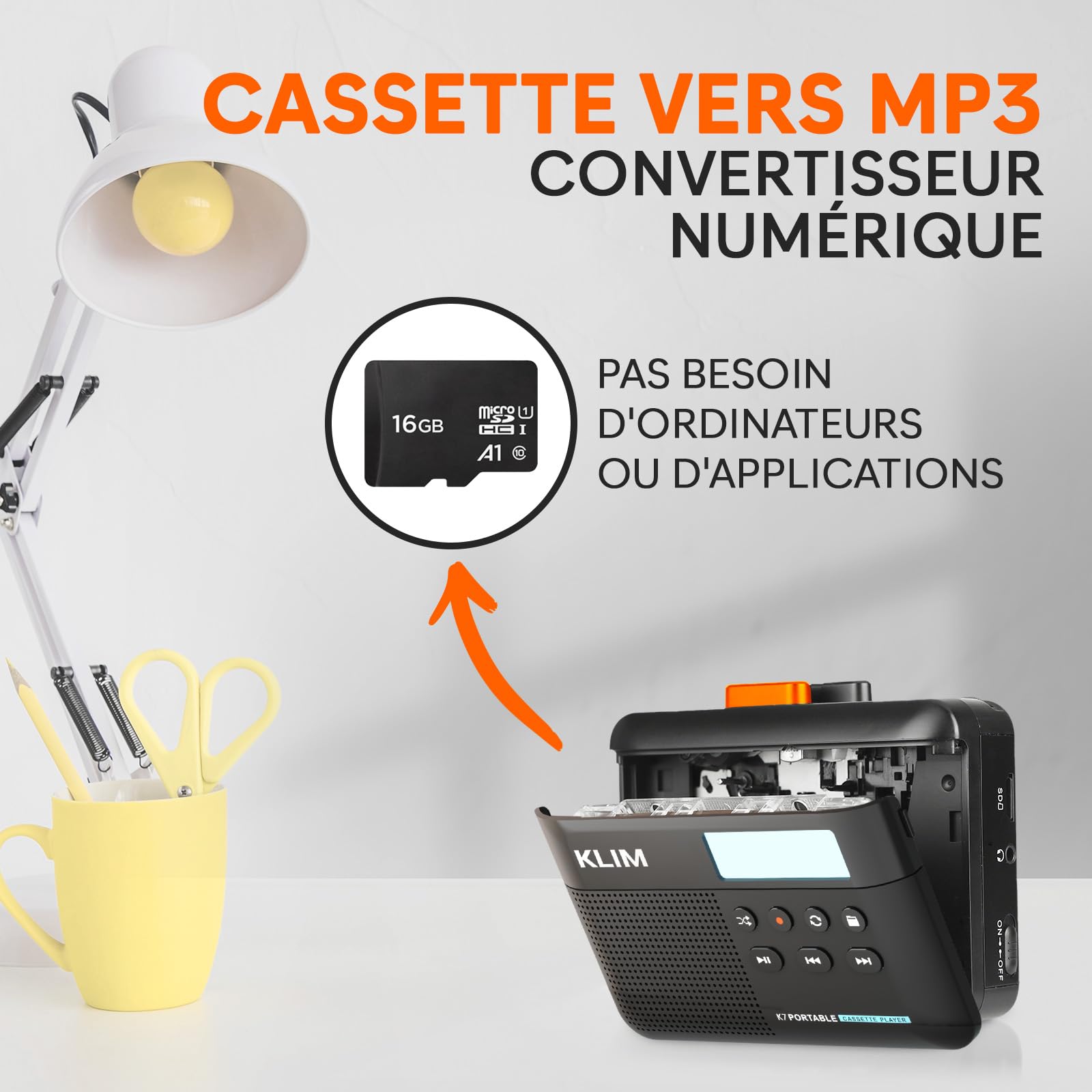 Cassette Player KLIM K7 - Lecteur Cassette Audio - Convertisseur Audio en MP3 - Microphone et Haut-Parleur intégrés - Batterie Rechargeable - Ecouteurs - Carte SD 16GB - Noir-Orange