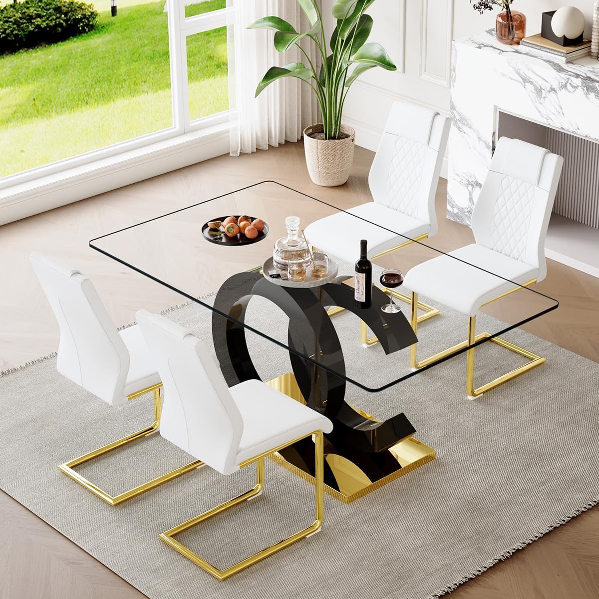 63'' Glass Dining Table Set for 6, Kitchen Table Chairs Set of 6, Clear Glass Dining Table with Black unique design Leg and Gold Metal Base, 6 PU Dining Chairs with Metal Legs, Living Room, Kitchen.