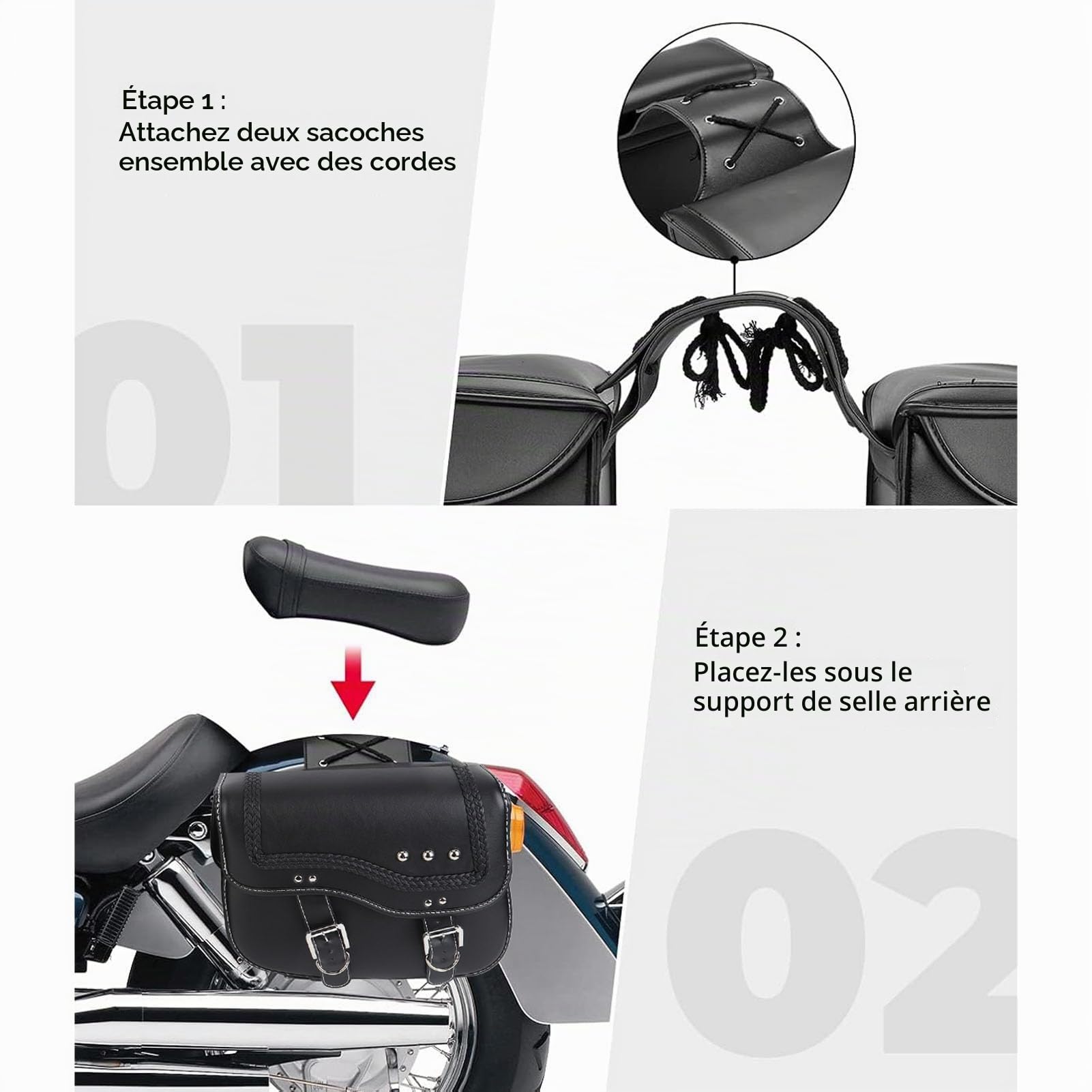 Sacoches de Moto, capacité de 30 L en Cuir PU, Sacs à Bagages Latéraux Imperméables avec Corde Réglable, Ajustement Universel pour Motos