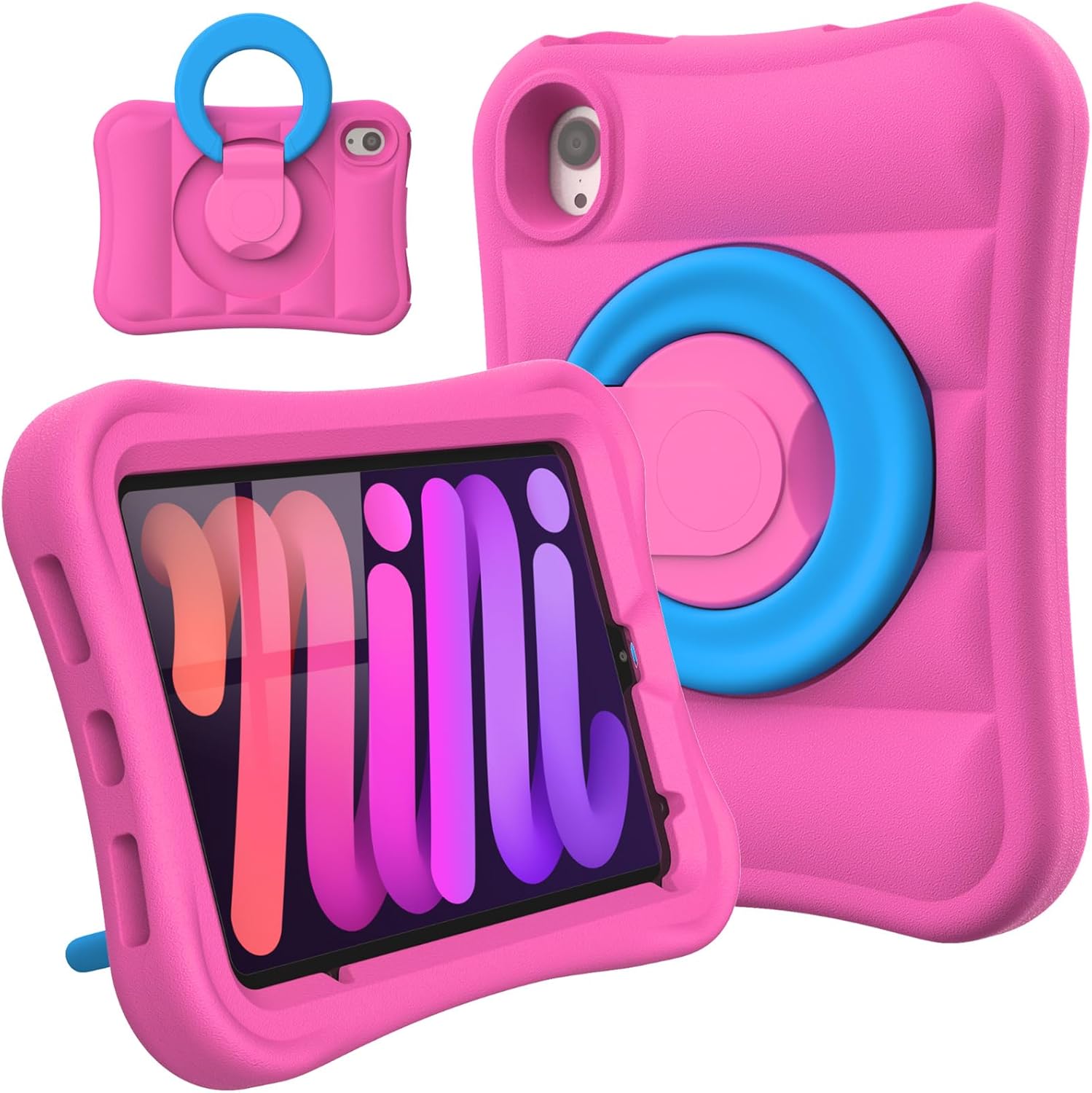 MRWHO Kids Case for iPad mini 6th Gen 8.3 inch - Lightweight Flexible Shockproof iPad mini 6 Gen case with Folding Handle Stand (Pink Blue)