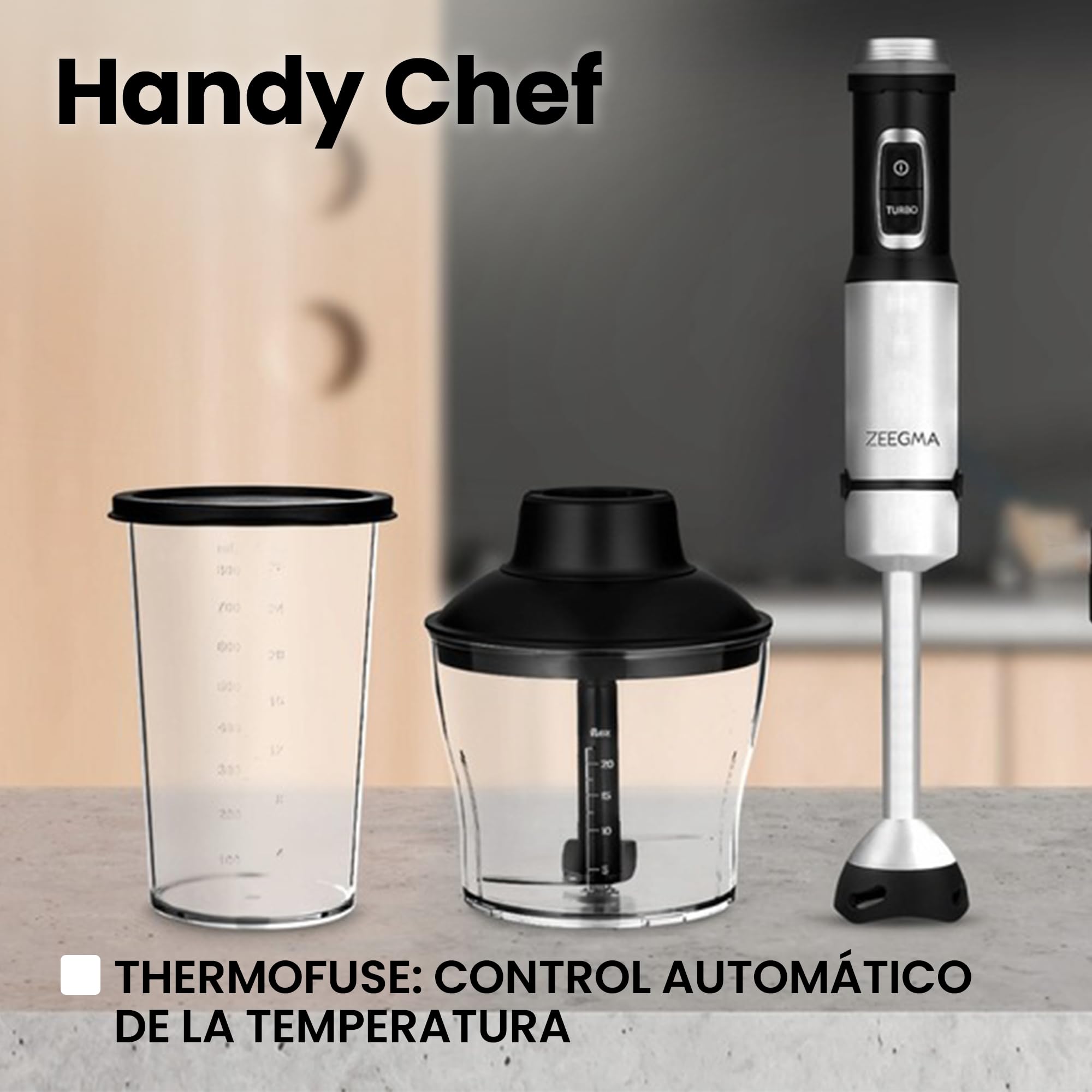 ZEEGMA Batidora de mano Handy Chef 5 en 1 multifuncional de 1500 W, juego de boquillas: batidora, gancho para mezclar, procesador de alimentos de 0,6 l, recipiente de 0,8 l, modo turbo