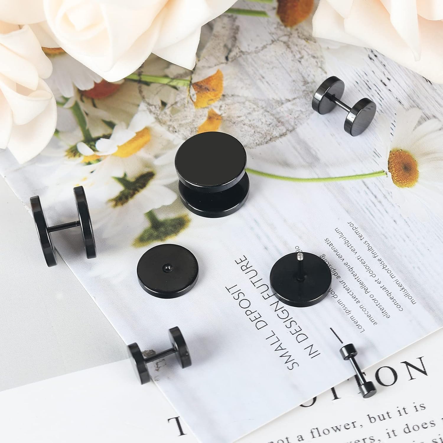 NEWITIN 10 Pairs Black Stud Earrings for Men Faux Gauges Earring Hypoallergenic Earring Ear Tunnel Stainless Steel Dot Earrings for Men Women, 18G Round Ear Studs 3mm-14mm - Image 3