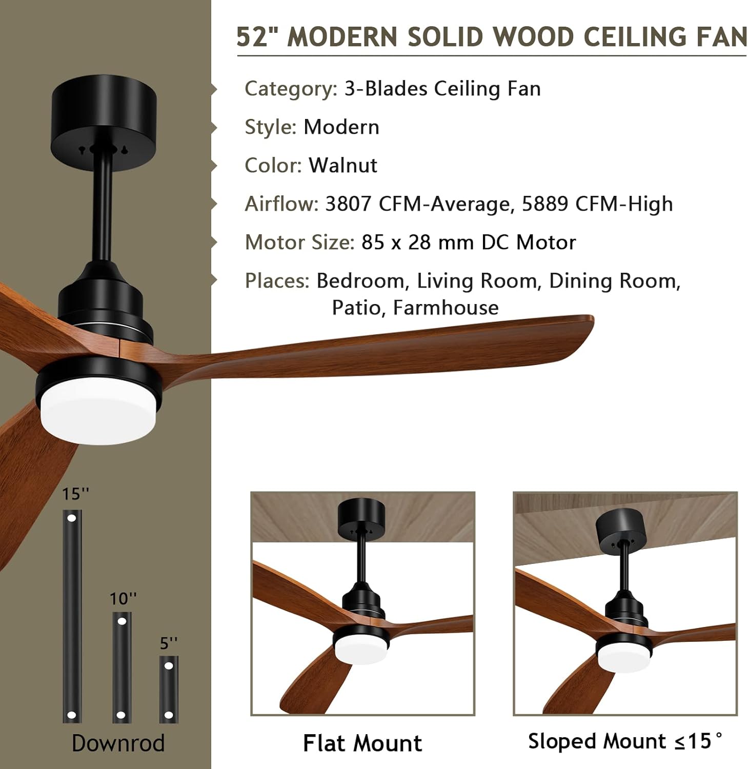 CLUGOJ 52" Ceiling Fans with Lights Remote Control, Indoor Outdoor Wood Ceiling Fan Matte Black Reversible DC Motor for Patio Living Room, Bedroom, Office : Tools & Home Improvement