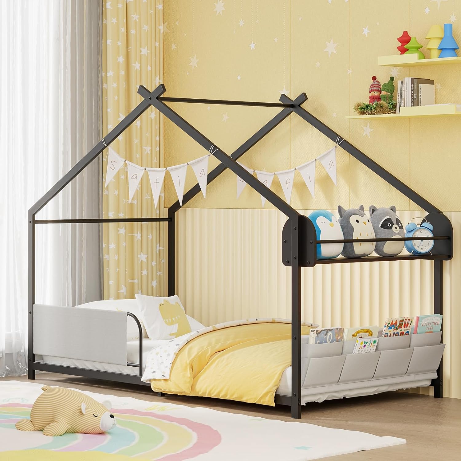 Timy House Shape Twin Size Montessori House Bed Metal Floor Bed with Storage Rack and Caddy Twin Bed-Frame for Kids No Box Spring Needed Black
