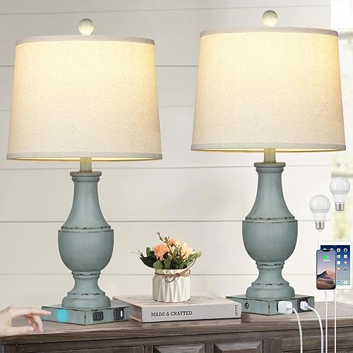 Lámparas de mesa de granja, rústicas de 26 pulgadas con control táctil, puertos de carga USB A+C y salida de CA, lámpara vintage de 3 vías