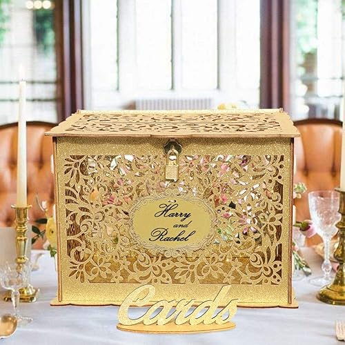 Miniatura 5 de OurWarm Caja de tarjetas de boda dorada – Cajas de tarjetas de madera brillante con cerradura, caja de tarjeta de regalo, soporte para dinero para