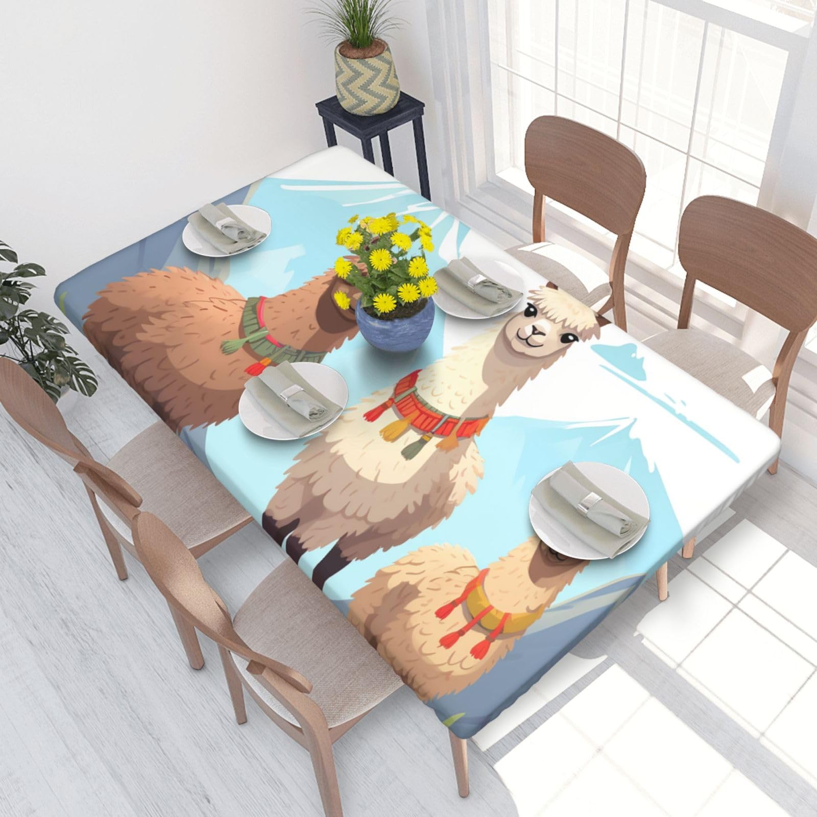Llama And Alpaca Waterproof Square Table Cover Elastic Fitted Tablecloth Oil Proof Table Protector For 4ft Table