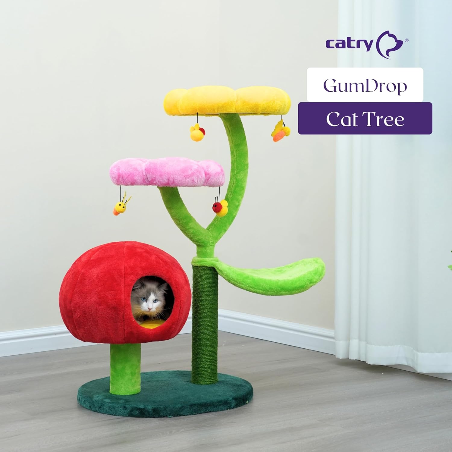 Catry Mushroom Flower Cat Tree Tower with Flower Perches, Leaf Hammock, Hideaway Condo, Replaceable Natural Sisal Scratching Post, Multi-Bee Toys, Novelty Colorful Cat Tree