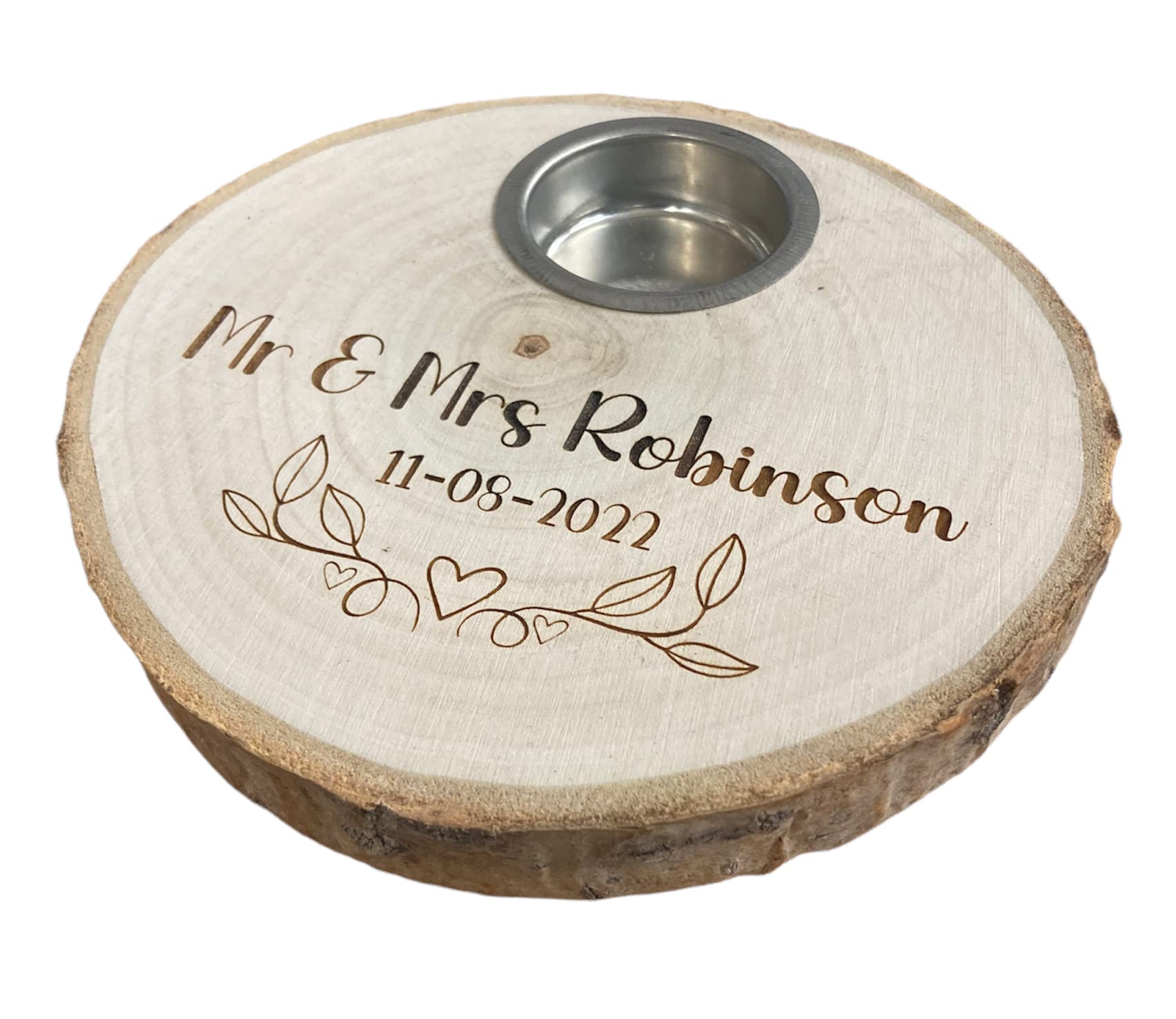 Personalised Log Slice Tea Light Rustic Candle Holder