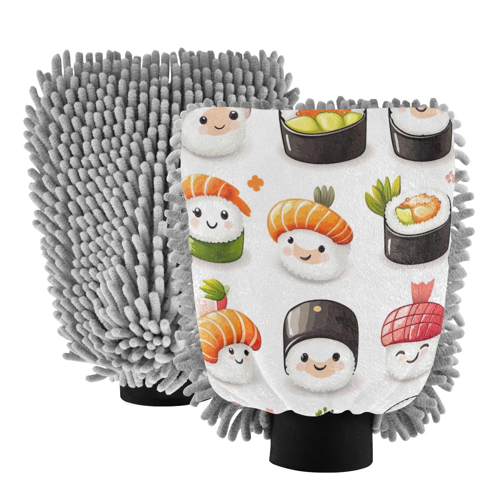 STAYTOP Cute Cartoon Sushi Car Wash Mitt Microfiber, 2Pcs Scratch Free Lint-Free, Premium Chenille Microfiber Mitt Car Wash Brush-M