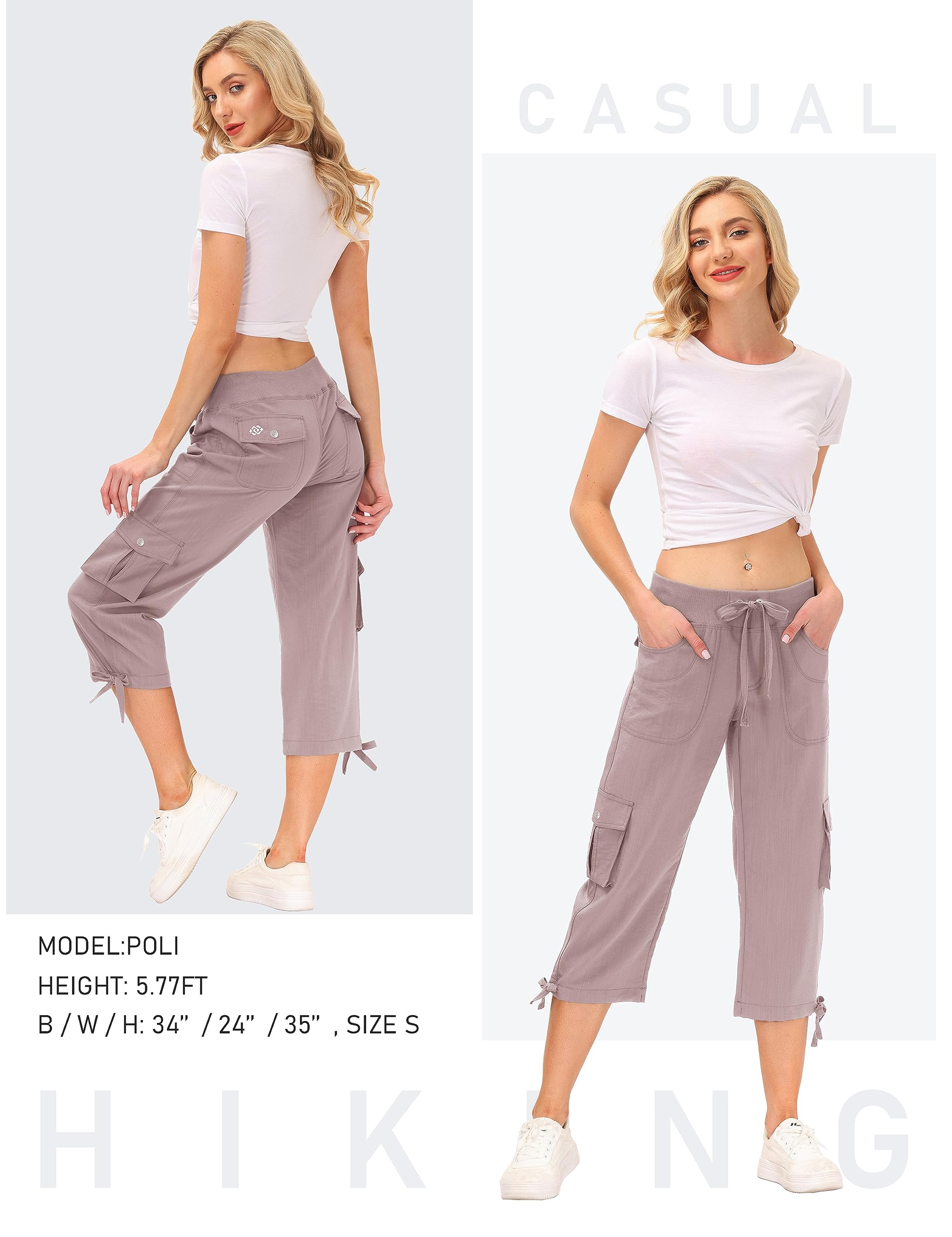 JINSHI Pantalones Cargo Mujer Verano 3/4 Capri Pantalón Casual Ligero Pantalones de Senderismo Deportivos Multi-Bolsillos