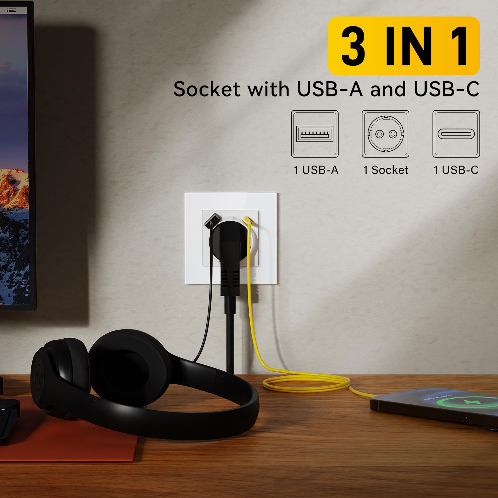 Enchufe con USB Pared,Enchufe Pared Empotrable Estándar con 20 W USB-A/C,86 * 86mm 1 Gang 16A,Toma de Corriente,Fácil Instalación,Blanco