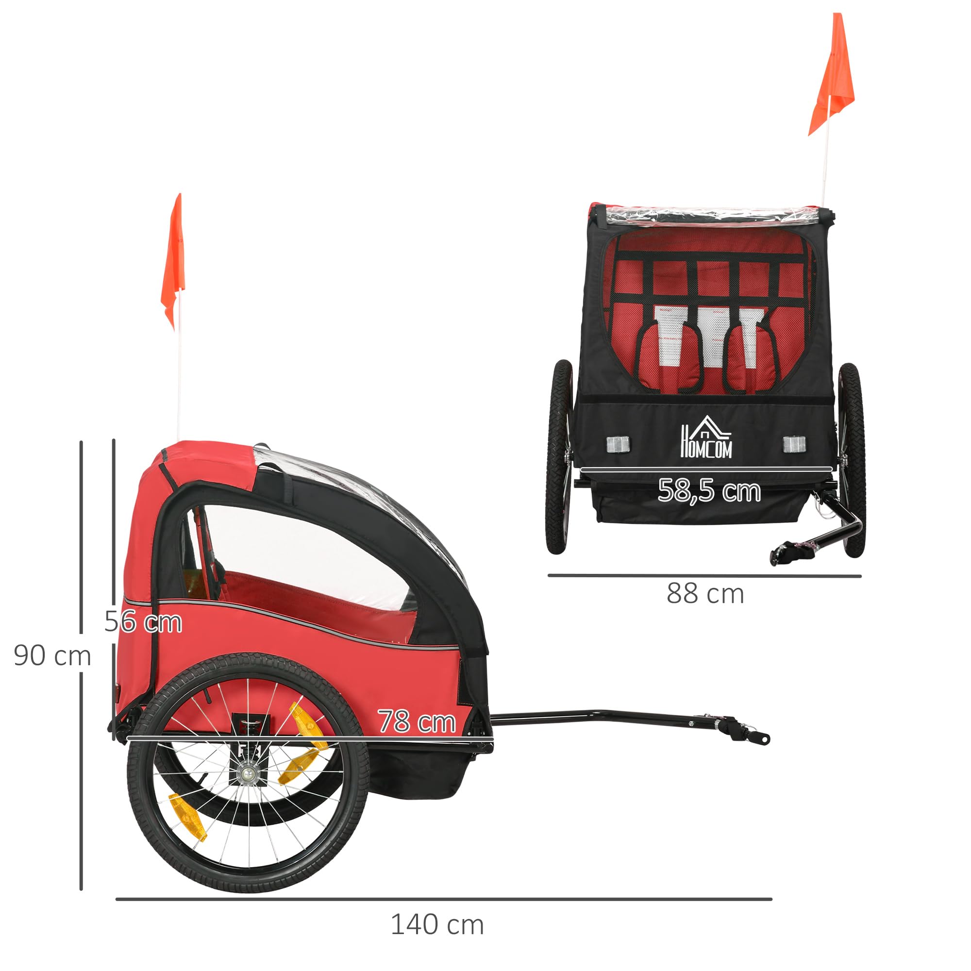 HOMCOM Remolque de Bicicleta para Niños +18 Meses Cochecito para Transporte de 2 Plazas con Cinturón de Seguridad Espacio de Almacenamiento y Sistema de Amortiguador 140x88x90 cm