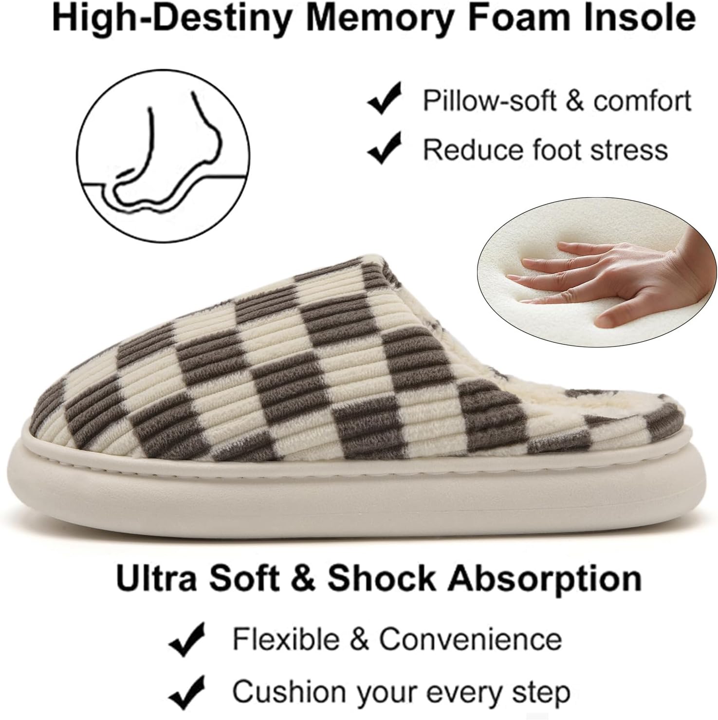 House Slippers for Woman Men, Fuzzy Checkered Mens Womens Slippers Warm Memory Foam House Shoes Indoor Outdoor with Faux Fur Lining - Image 4