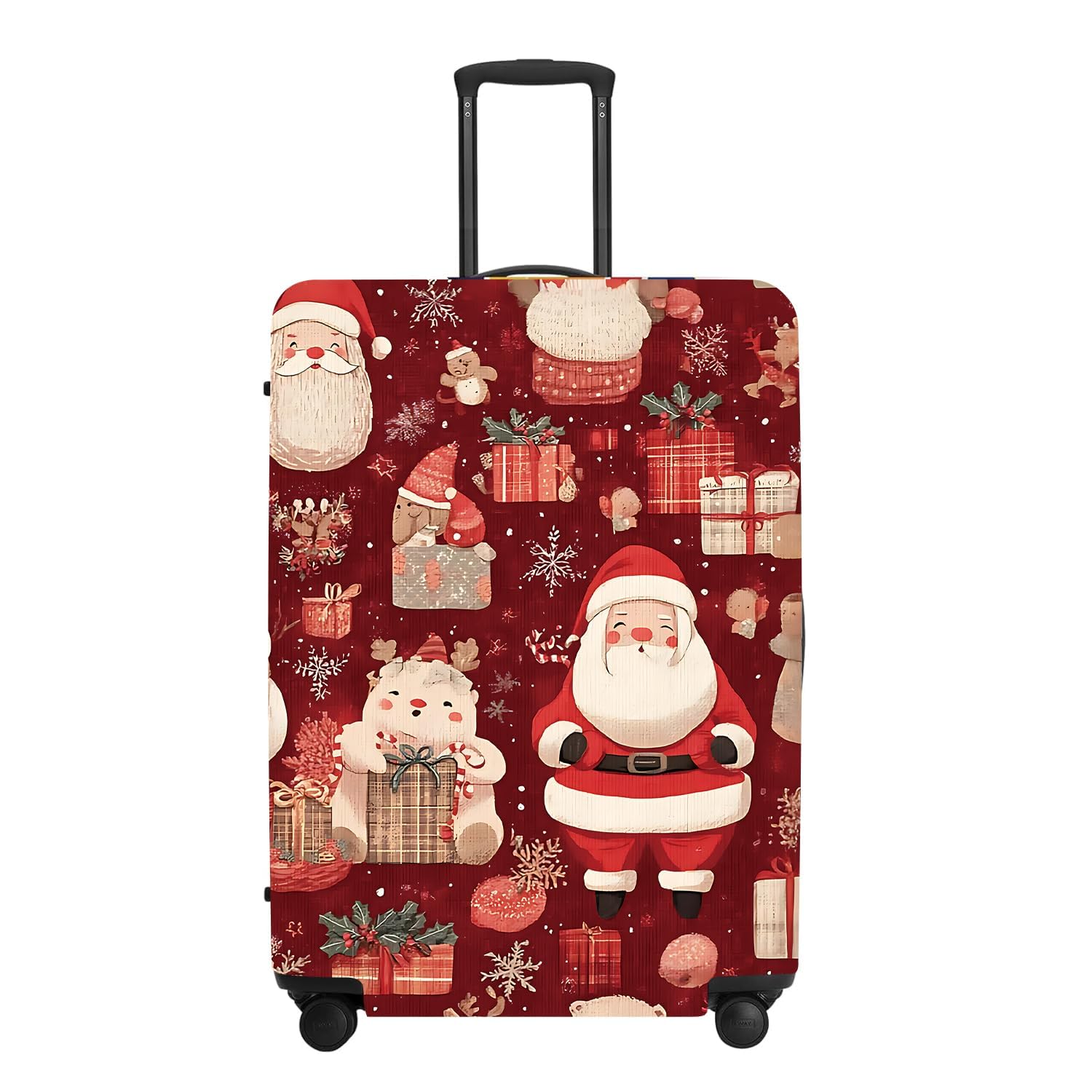Allover Luggage Cover - Red Background with Santa, Gifts and Snowmen Pattern, Dense Holiday Design for 28 30 Inch Travel Bag