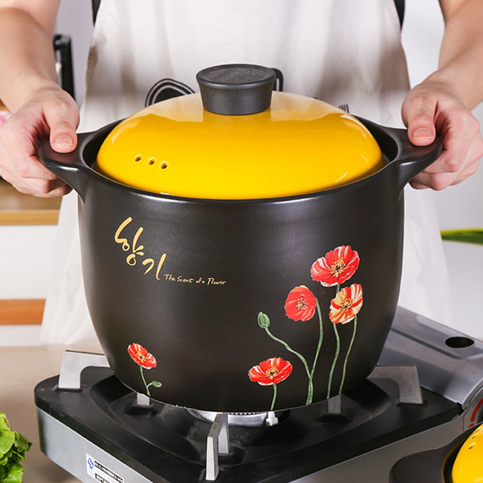 garnki gliniane, Rondle, garnki gliniane, naturalny garnek z pokrywką, duży zapas gliny odpornej na ciepło(8.5L/7.7Quarts)