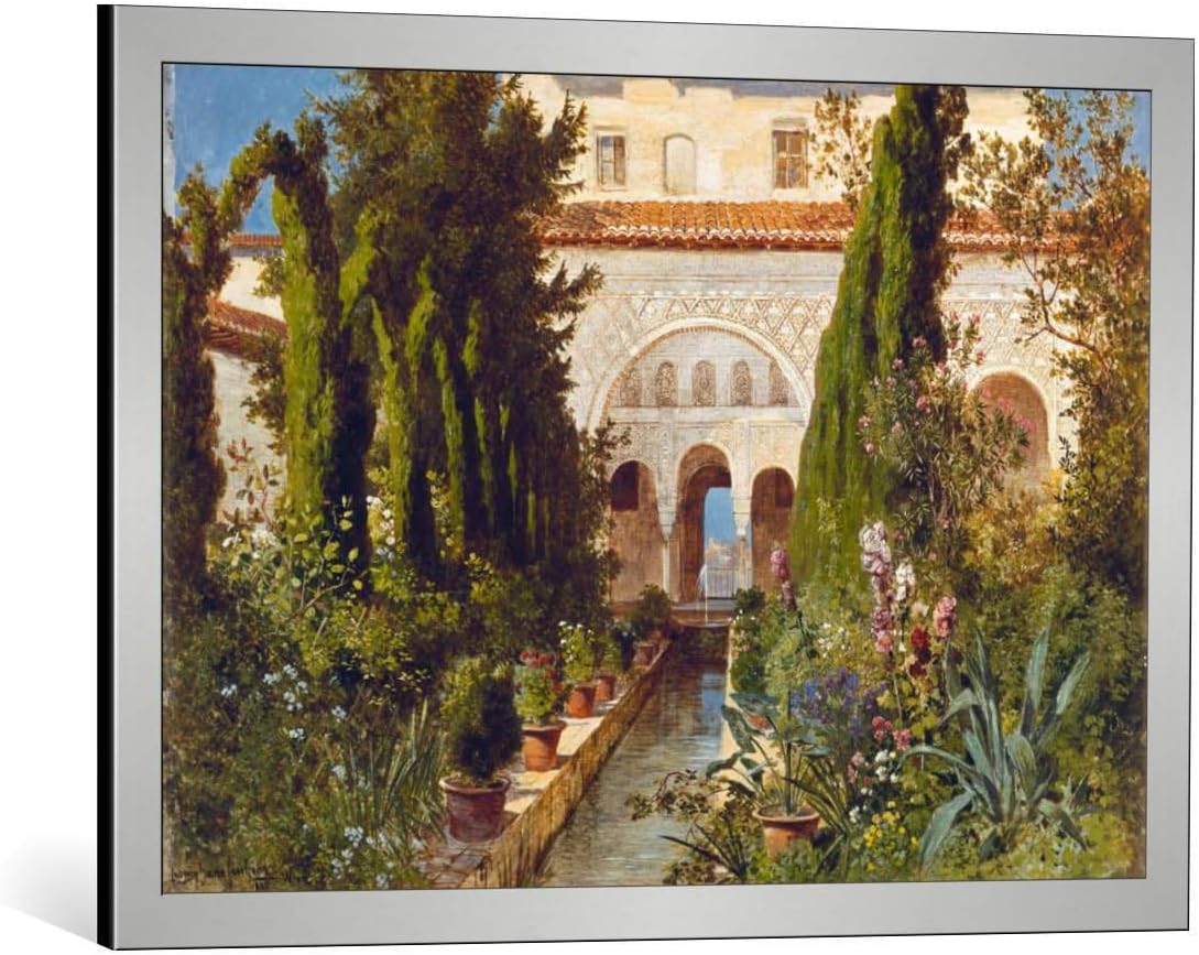 Kunst für Alle Cuadro con Marco: Ludwig Hans Fischer Der Garten Des Generalife bei Granada - Impresión artística Decorativa con Marco, 80x55 cm, Plata cepillada