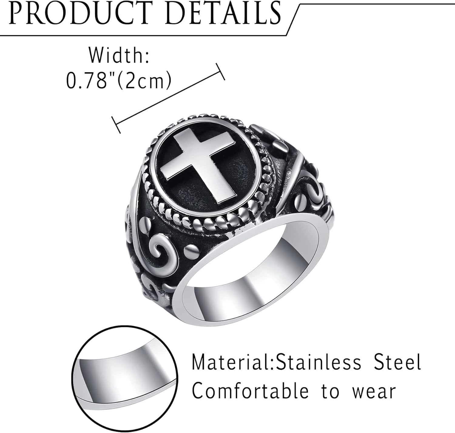 NMQLX Men's Ring, Vintage Cross Ring, Stainless Steel Punk Ring - Image 6