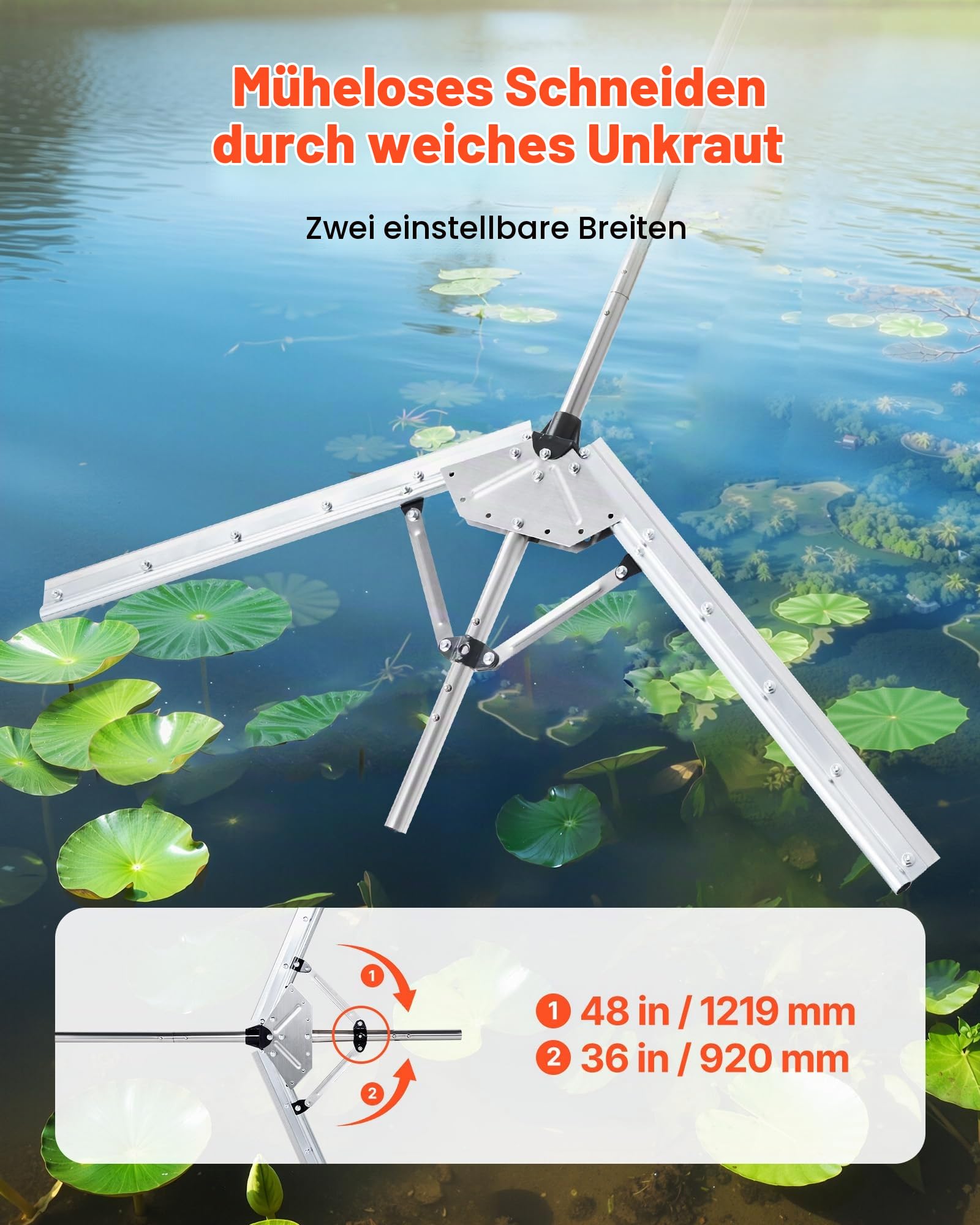 VEVOR Teichrechen, Wasser Unkrautrechen mit 1219 mm max. Schnittbreite, Stahlklingen, See-Unkrautschneider mit 9 m Nylonseil, Seerechen zum Entfernen von Rohrkolben, Schilf, Seerosenblätter
