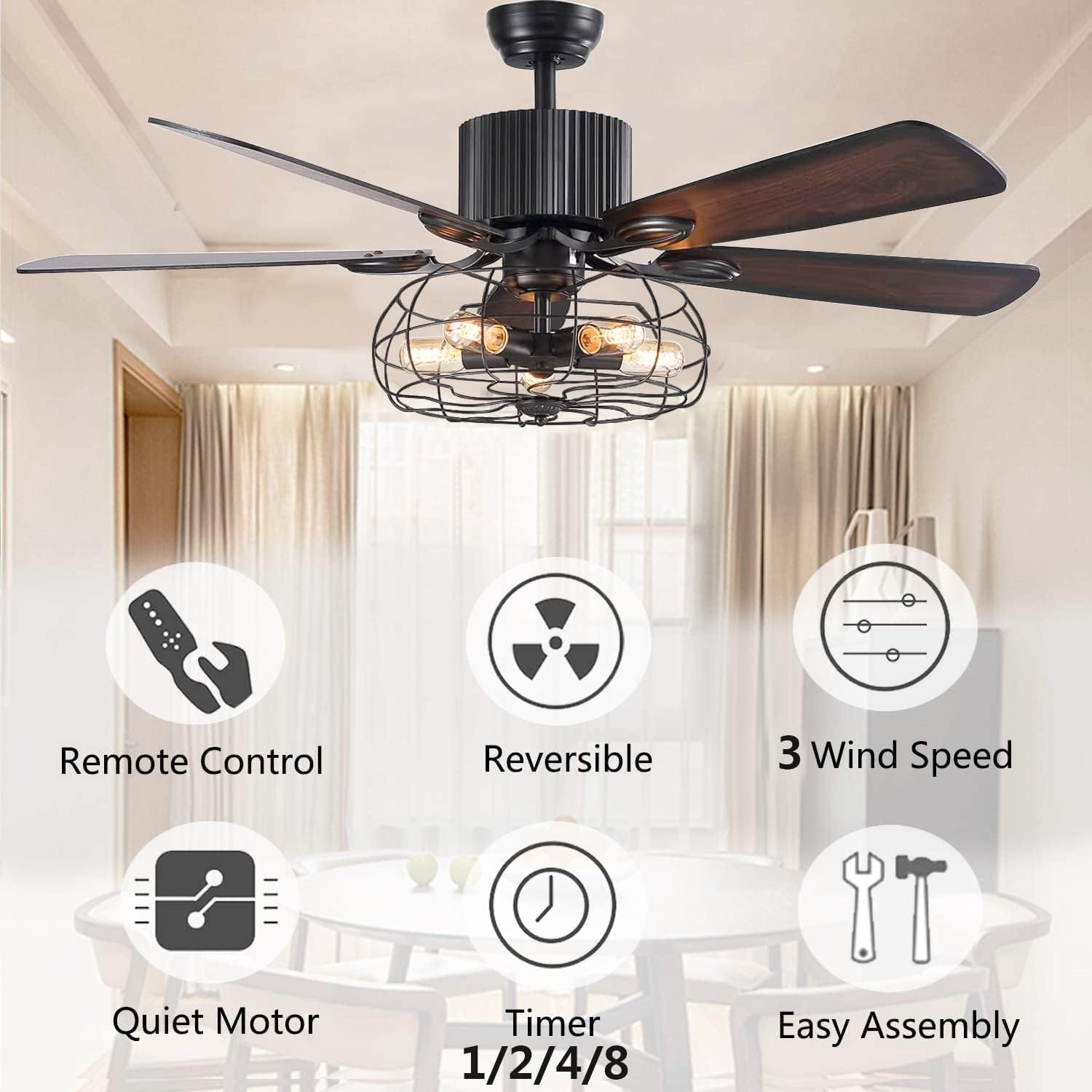Retro Industrial Ceiling Fan with 5 Light Base and 5 Wooden Blade, 52" Reversible Chandelier Ceiling Fans for Farmhouse Living Room Bedroom Restaurant Rustic Style