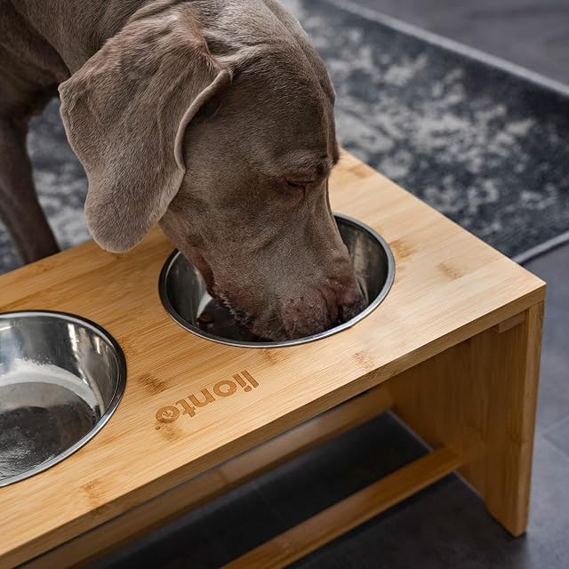 Foto 3 de 7 de lionto Comedero para Perros Elevado comedero para Perros Barra de Comida de bambú para Mascotas 2 Cuencos…