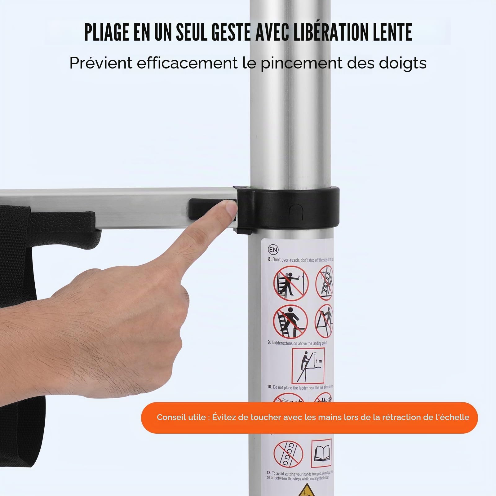 VEVOR Échelle Télescopique Aluminium, 2,6 m, Escabeau Extensible Capacité 170 kg, avec Pieds Antidérapants, Échelle Compacte Portable Pliable Rétraction à Un Bouton, pour Réparation Maison Camping-car