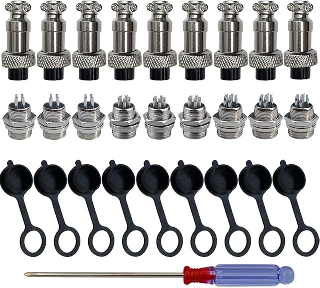 QitinDasen 9Pcs Premium 4 Pin/5 Pin/6 Pin GX12 Aviation Connector Set, 5A 12mm Thread Male Female Panel Metal Aviation Wire Connector Plug Socket, with Rubber Protector Cap and Phillips Screwdriver