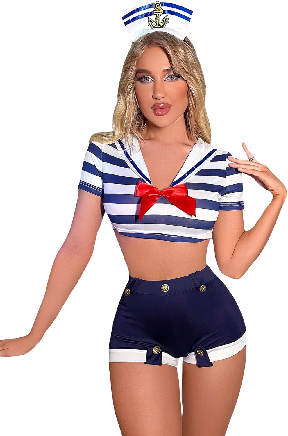 WDIRARA Women's 3 Pieces Sailor Costume Cosplay Striped Crop Top with Shorts Lingerie Set