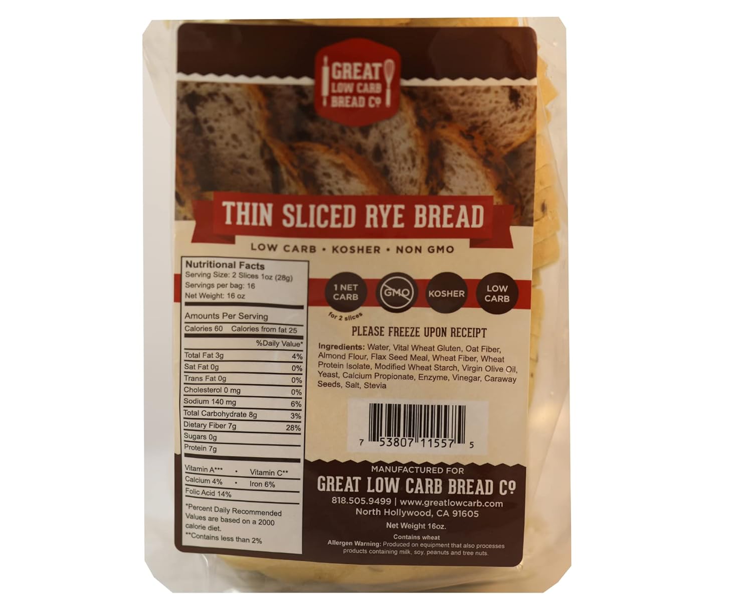 Great Low Carb Thin slice Rye Bread 16 oz loaf 1 Pack
