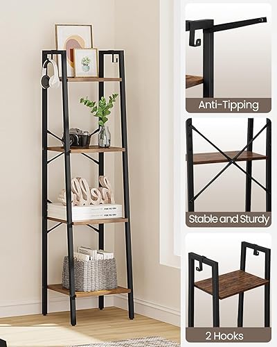 Miniatura 6 de BC13201B Estantería tipo escalera para libros, diseño industrial, incluye 2 ganchos, para almacenamiento independiente en rincones, dormitorio y