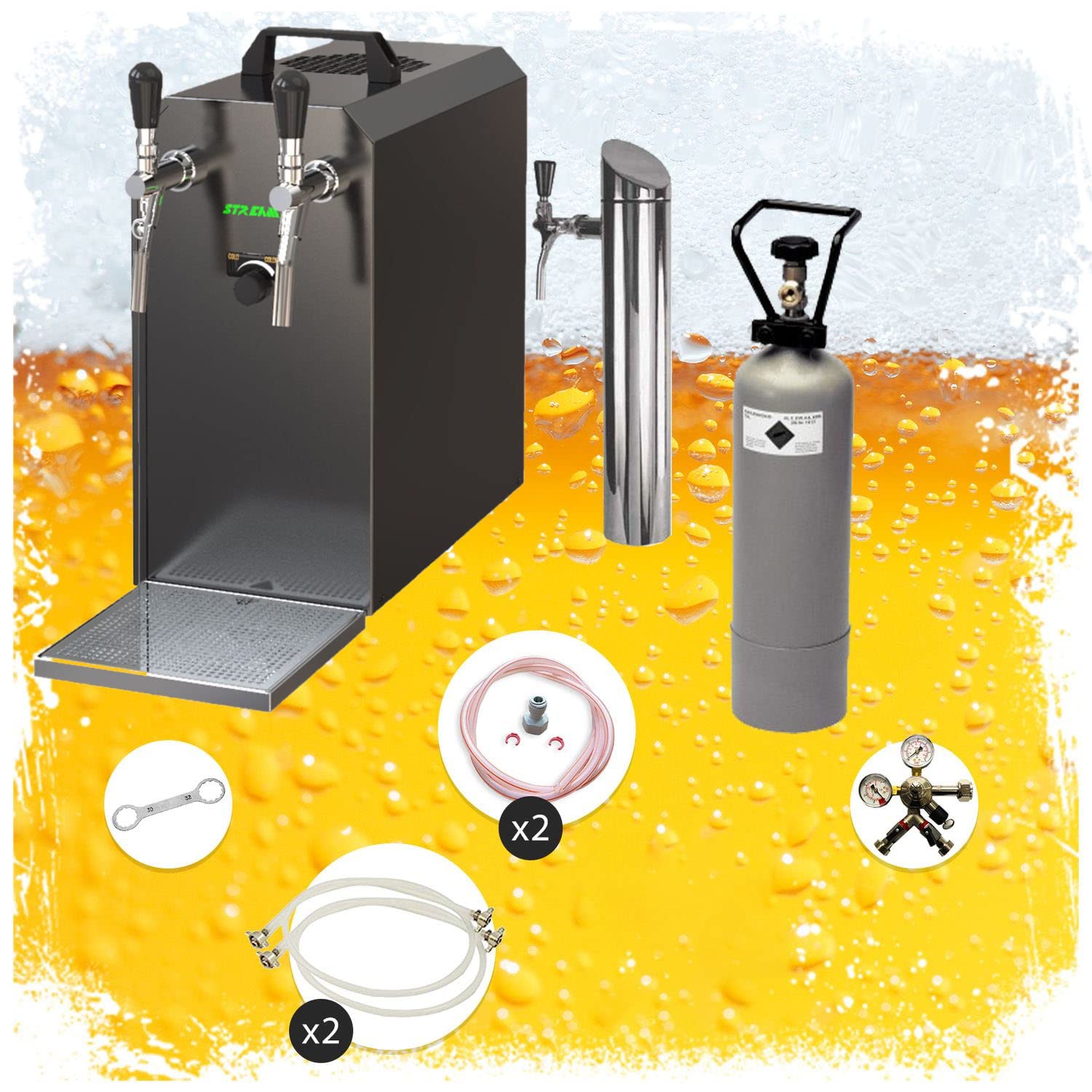 Kompletny podstołowy system do piwa Stream 50 z chłodnicą suchą 2-obwodową, do 55 l/h, dla 2 beczek Type A, adapter NC