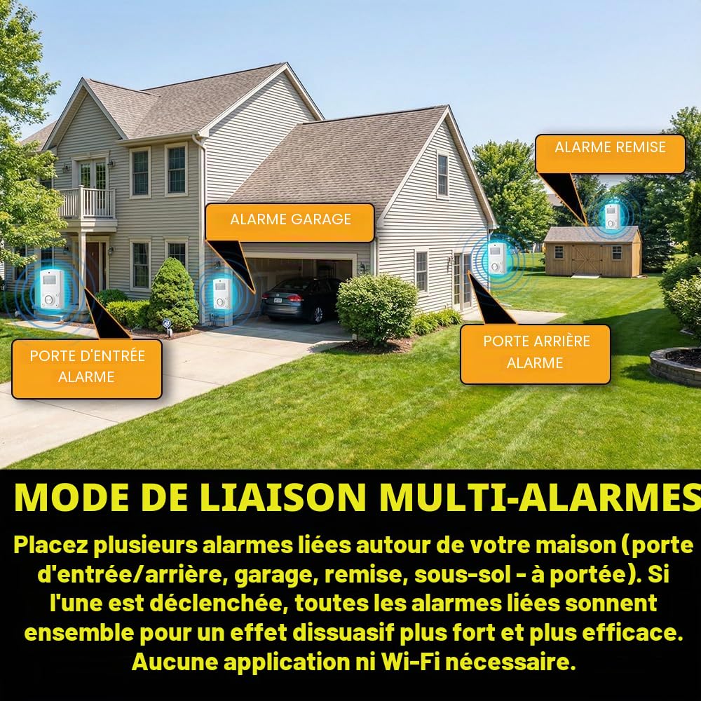 Alarme Détecteur de Mouvement 135dB avec Télécommande - Sirène Puissante 135 Décibels pour Garage, Abri, Intérieur - Sécurité Anti-Intrusion Maison - Portable avec Clavier, Batterie ou USB