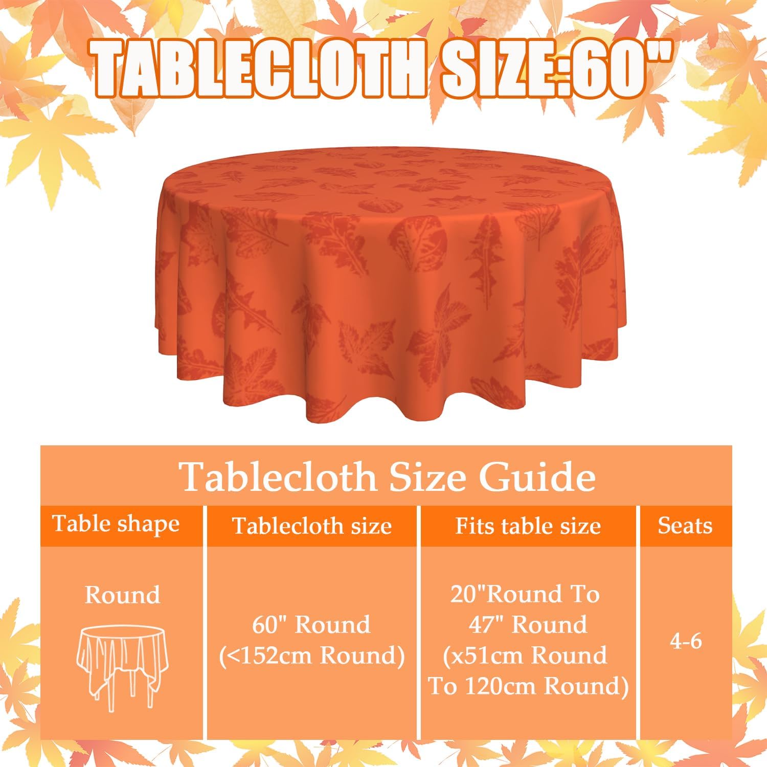 Fall Round Tablecloth Maple Leaf Tablecloth 60 Inch Autumn Leaves Thanksgiving Orange Table Cover Waterproof Wipeable Table Cloth for Kitchen Home Decoration