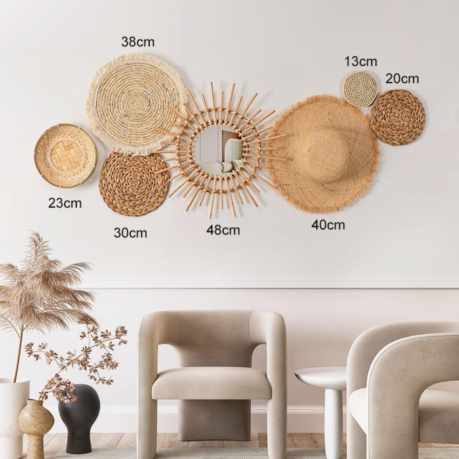 AQCQDQ Wandkorb Dekoration, Boho Dekor, Schlafzimmer Wanddekoration, Hängende Rattan Geflechtkörbe, Rustikale Wandkunst Dekoration (Kombination1-7 teiliges)