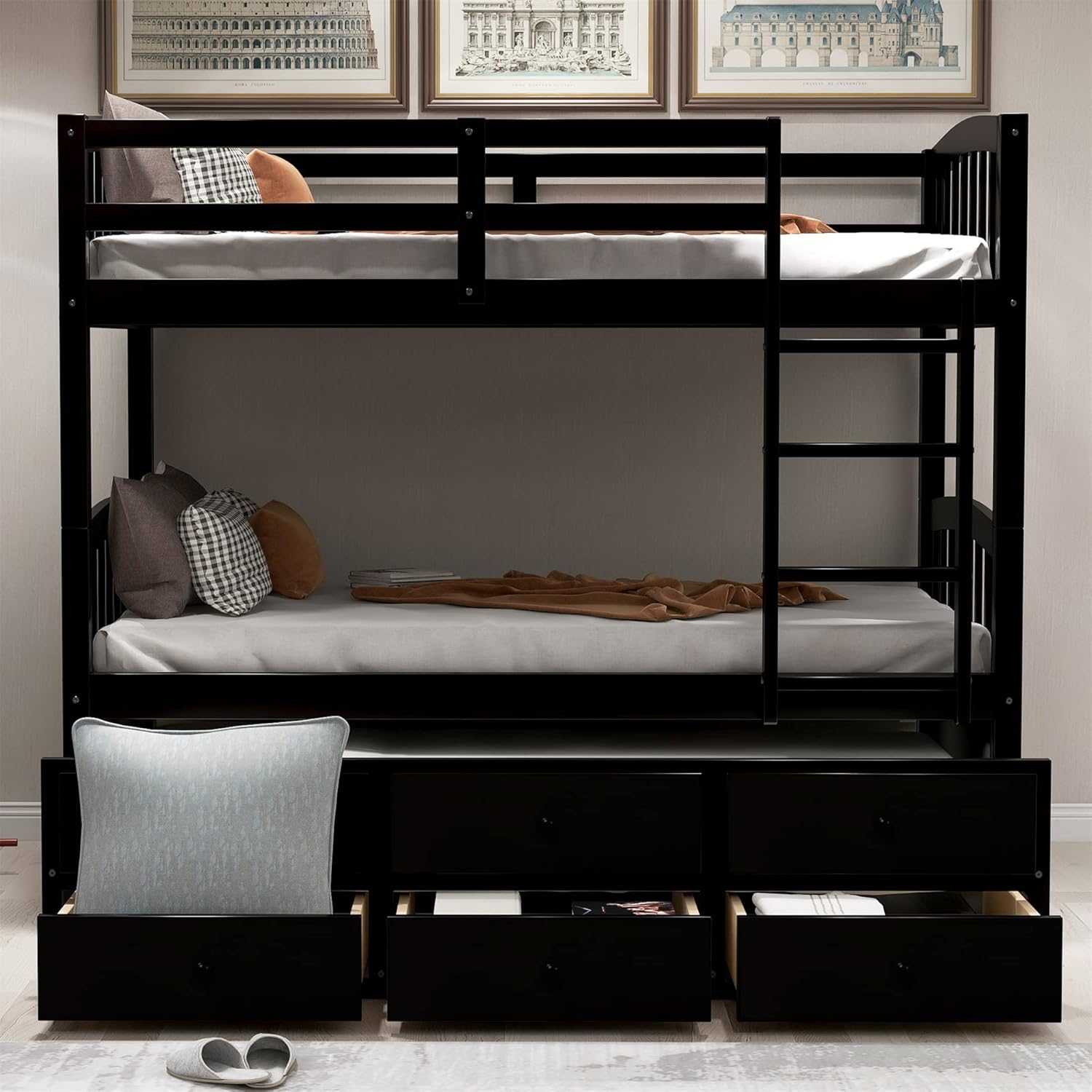 Harper & Bright Designs Twin Over Twin Bunk Bed with Trundle, Wooden Bunk Bed with 3 Storage Drawers and Safety Rail, Can be Convertible to 2 Beds, No Box Spring Required (Espresso)