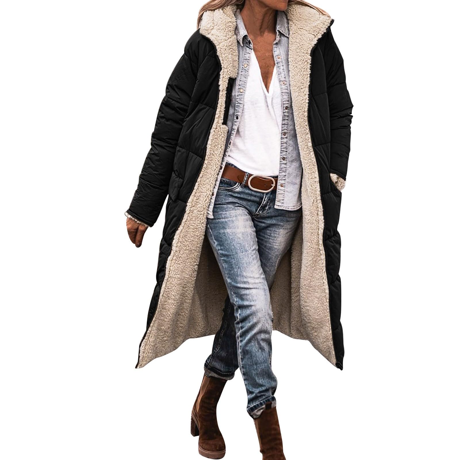 Genérico Abrigo Largo Reversible de Invierno para Mujer Chaqueta Informal con Cremallera y Bolsillos Capucha Forro Polar