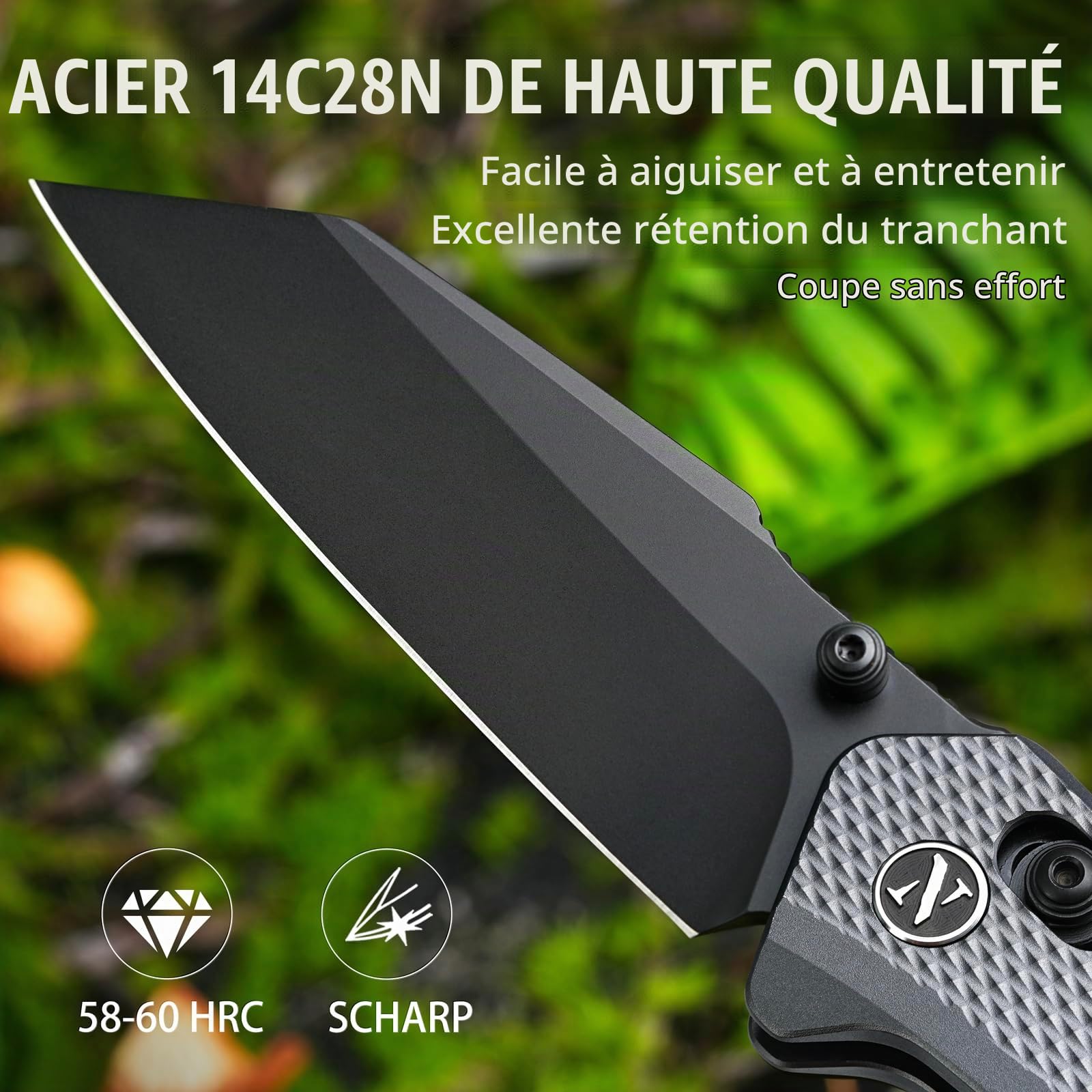NedFoss KROKODIL couteau pliant, 14C28N acier couteau survie, Longueur lame 7.5 cm, manche aluminium avec clip ceinture, axis lock, mini couteau de poche, Revêtement en titane bronze