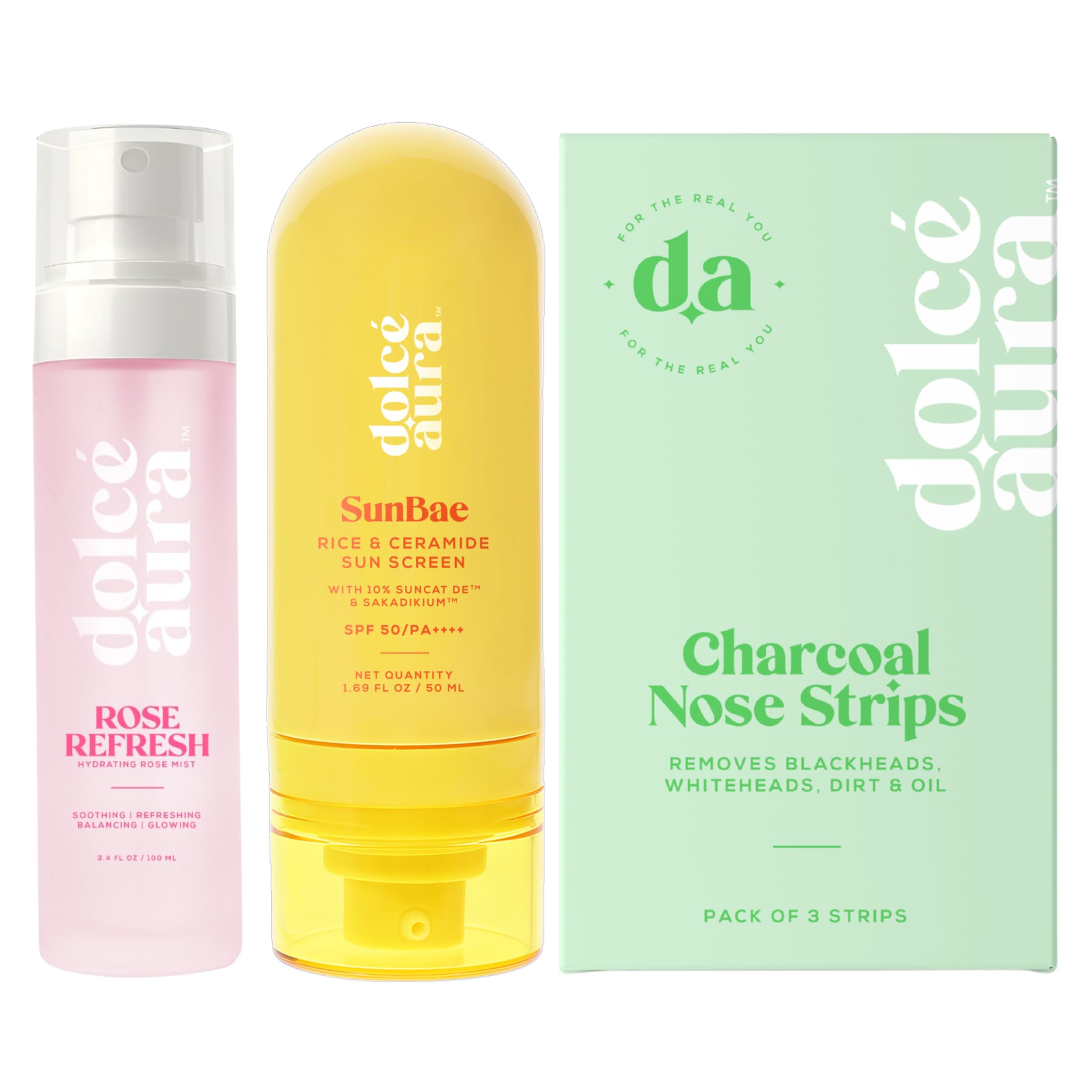 Dolce Aura Skin Refresh Combo | Rose Water Mist(100ml) + Charcoal Nose Strips(3 strips) + Rice Ceramide Sunscreen(50ml) | Pore Care, Hydration & Sun Protection – All Skin Types-image-32