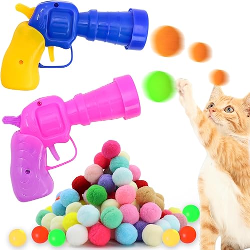 Dexspoeny 2 lanzadores interactivos de bolas de juguete para gatos y 100 bolas de felpa silenciosas y 6 bolas de plástico, juego de juguetes