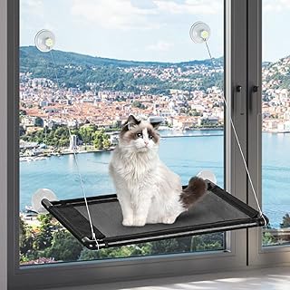 Cat Hammock Window Cat Window Perch with 4 Heavy Duty Suction Cups, Durable Safety Pet Hanging Resting Seat for Kitty Sunbath, Space Saving Cat Window Bed (Black)