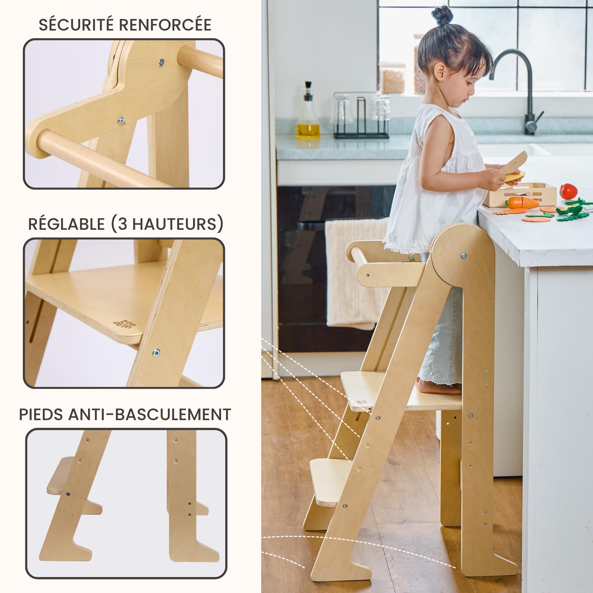 Tour d'Observation Montessori Pliable Bois de Bouleau 80kg 3 Hauteurs Réglables CE Sécurité Anti-Basculement Dès 18 Mois